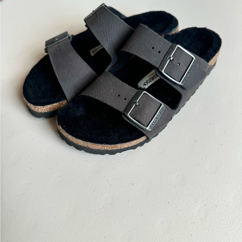 Birkenstock Arizona Shearling Synthetics Desert Dust Black 38 - Picture 7 of 10